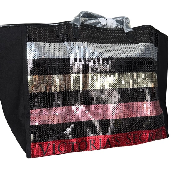 NEW Victoria’s Secret Striped Sequin Tote Bag with matching Wristlet NWT - Picture 2 of 4